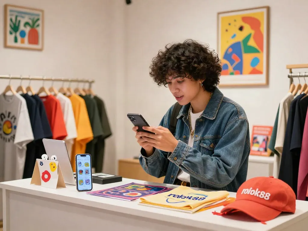 Engaging shopping experience at a trendy rokok88 merchandise pop-up shop.