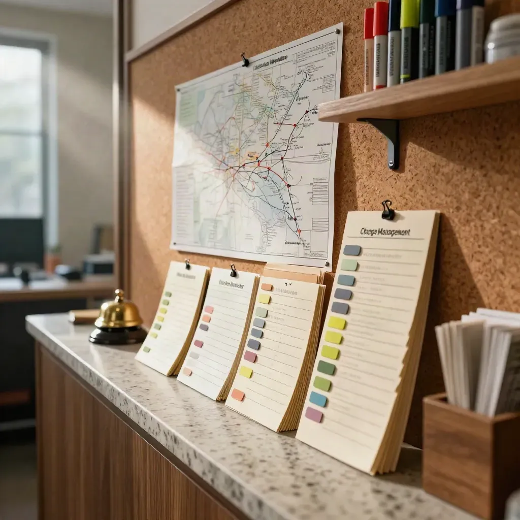 Change-management planning room with process cards, tabs, desk bell and route map in warm light