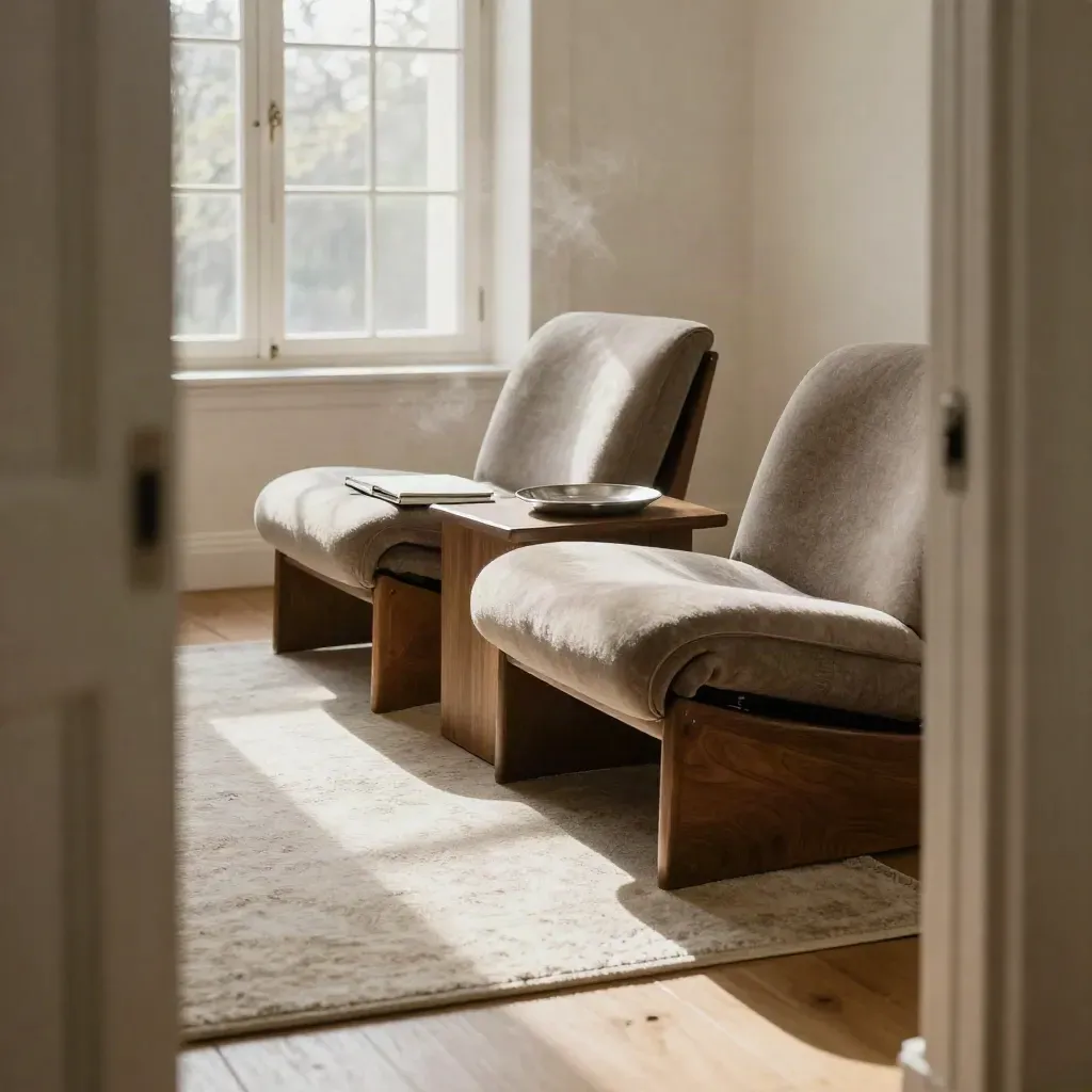 Sunlit coaching room with sculptural chairs, oak table, closed notebook and aligned wool rug.