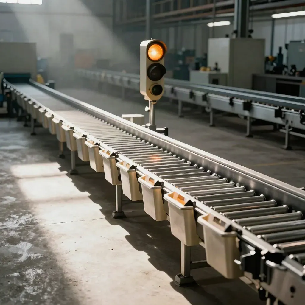 Factory changeover lane with bins, signal tower, and running conveyor in dramatic haze.