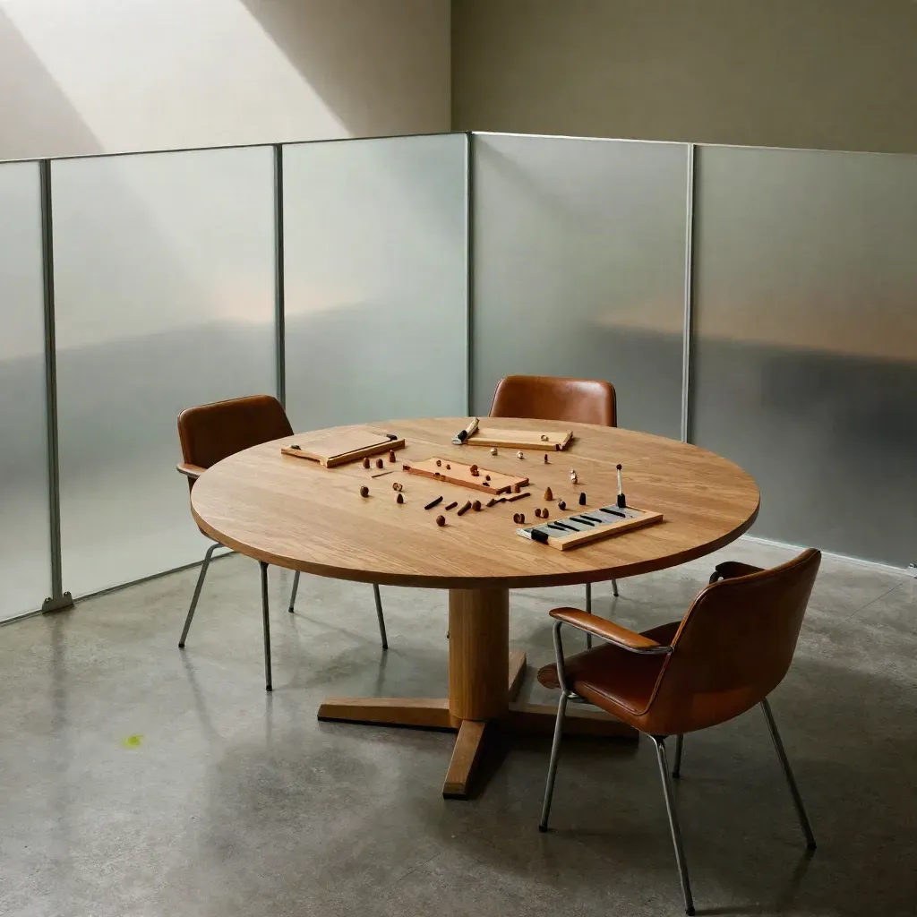 High-corner strategy studio with oak round table, leather chairs, frosted partitions and warm light.