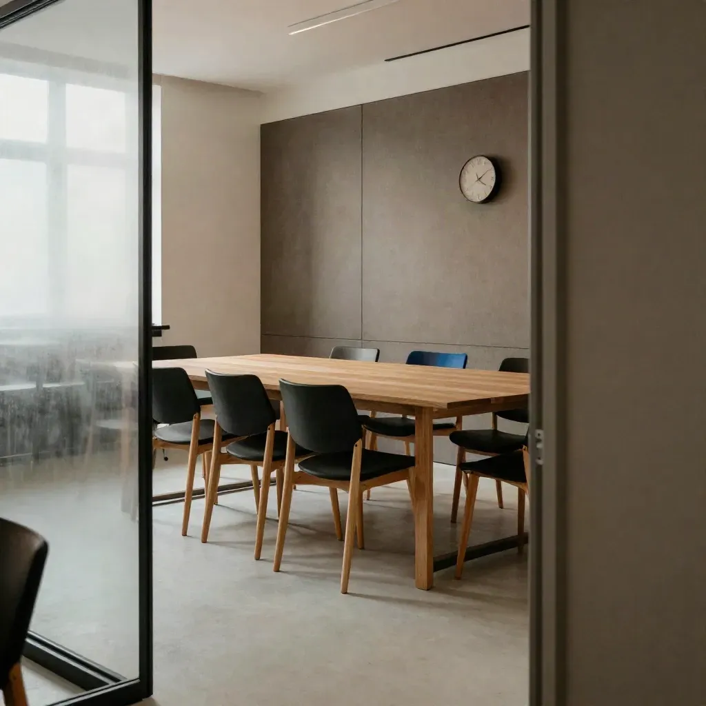Empty Berlin startup meeting room with nested chairs, oak table, acoustic panel, and cool window light.