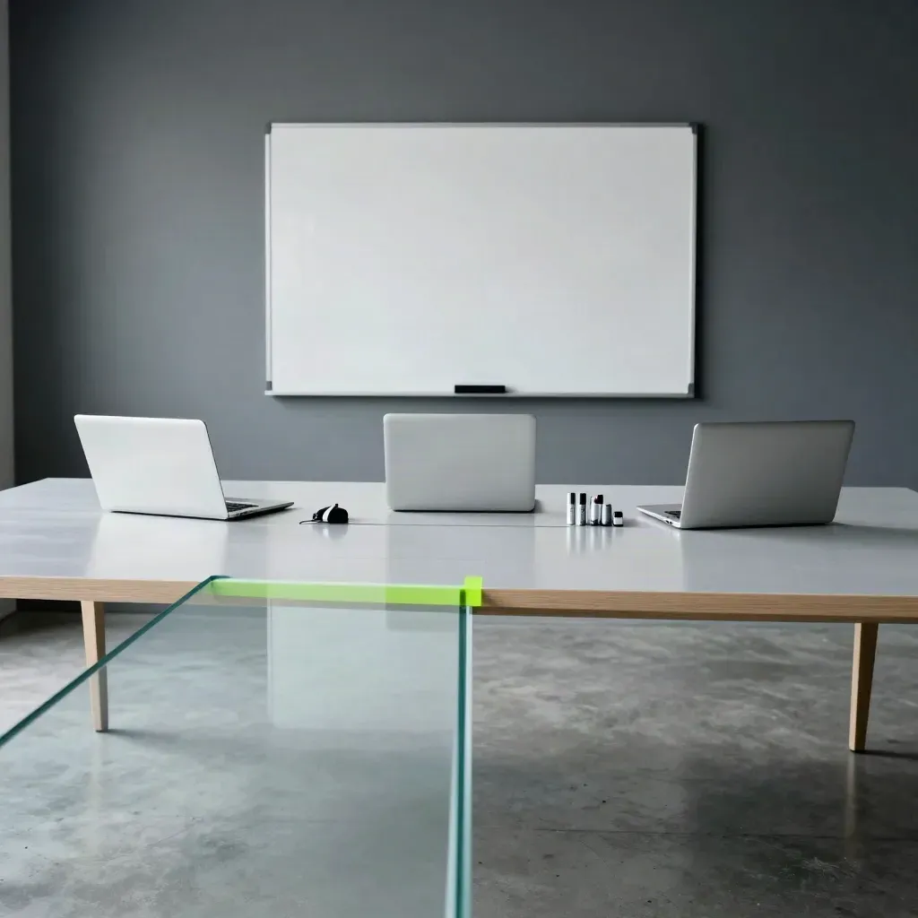 Empty strategy room with three closed laptops, marker caps, and a blank whiteboard.