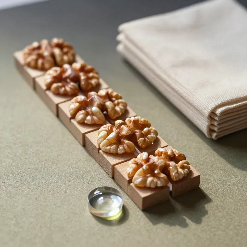 Walnut planning blocks, acrylic tokens, and a linen-wrapped index stack in a diagonal strategy grid.