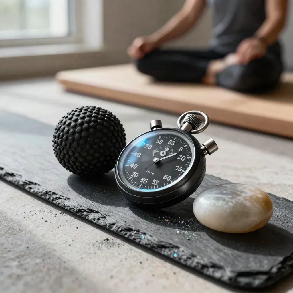 Black stopwatch, grip ball and meditation stone on slate under soft daylight.
