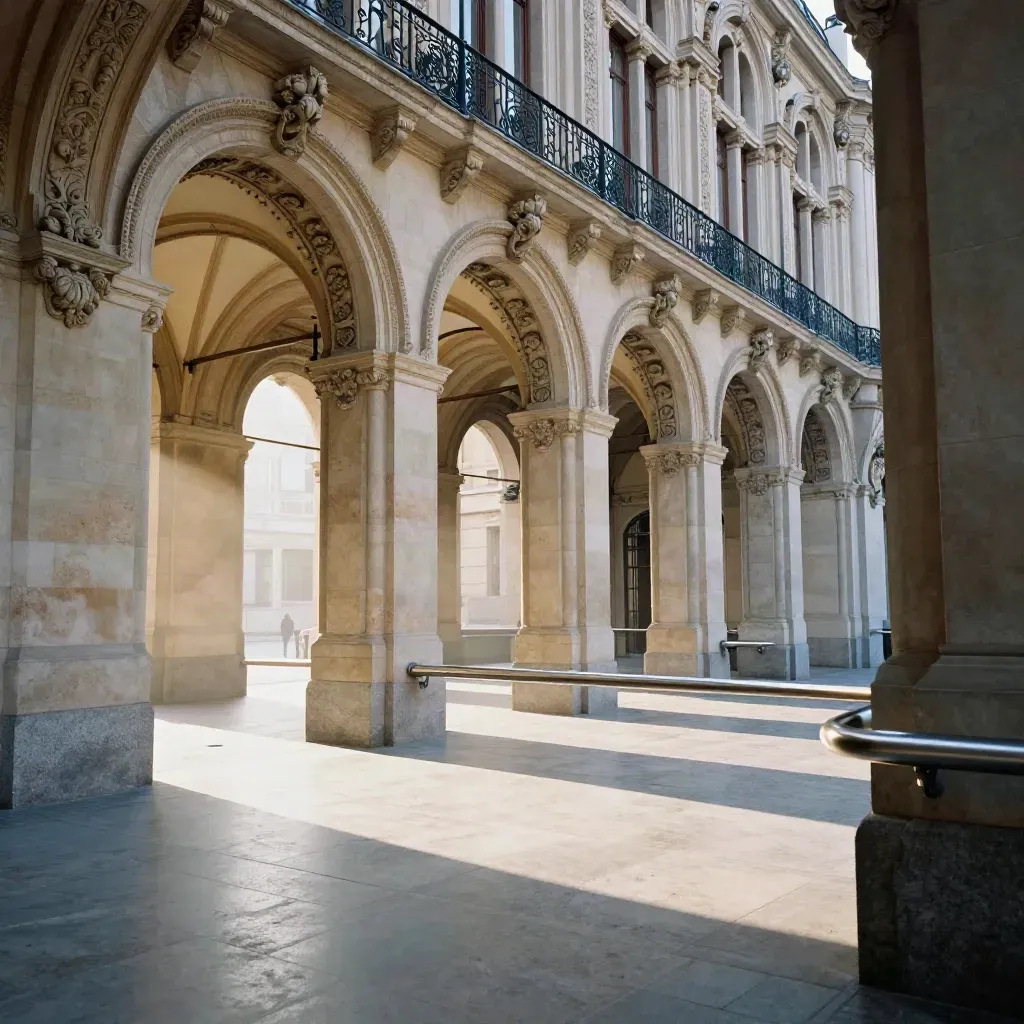 Sunlit Belgian art-nouveau arcade with carved arches and a calm polished floor